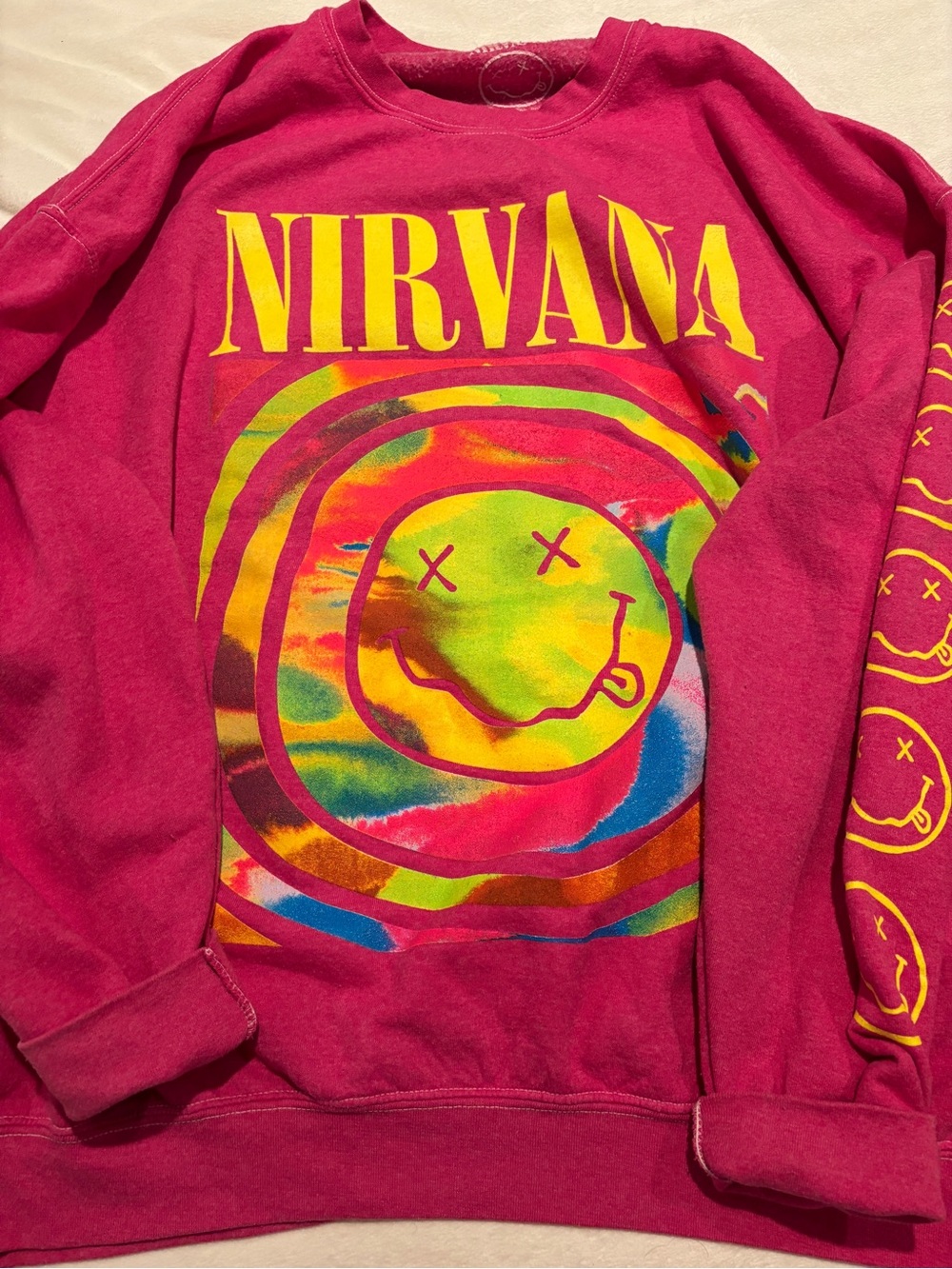 NIRVANA Pink Rainbow Smiley Graphic Sweatshirt